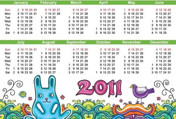 2011 calendar template nature theme colorful handdrawn sketch