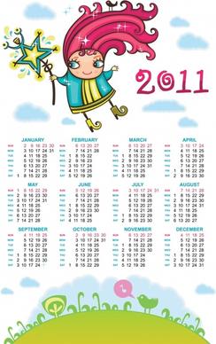 2011 calendar template cute cartoon girl sketch