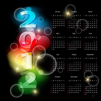 2012 calendar template dark sparkling bubbles decor