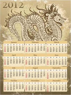 2012calendar template retro oriental dragon decor