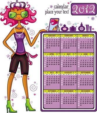 2012 calendar template stylish woman accessories sketch