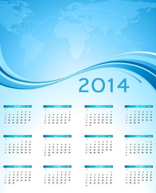 2014 calendar with blue world map vector graphic