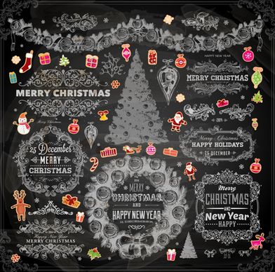 2014 christmas dark labels with ornaments vector set