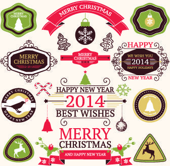 2014 christmas lables ribbon and baubles ornaments vector