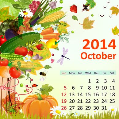 2014 floral calendar october vector