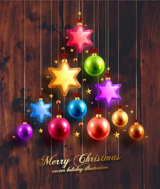2015 christmas baubles with dark wood background vector