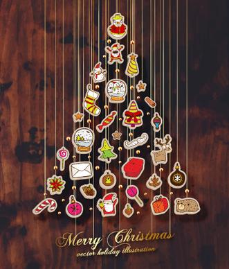 2015 christmas baubles with dark wood background vector