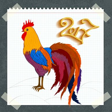 2017 oriental card template design with drawn cock