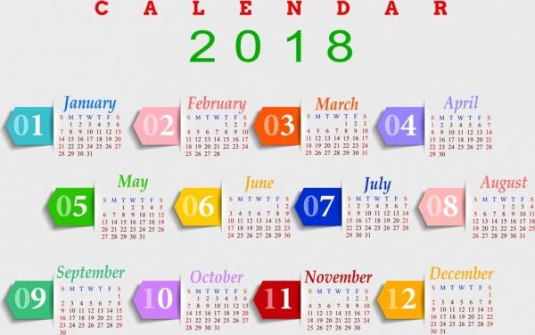 2018 calendar template bright multicolored modern design