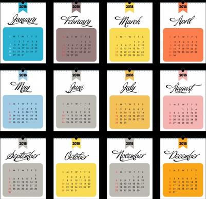 2018 calendar template flat rectangular section isolation