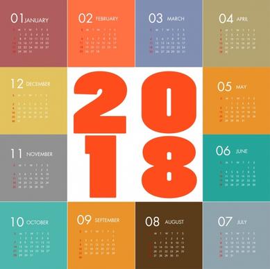 2018 calendar template modern colorful flat design