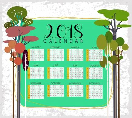 2018 calendar template tree icons decoration