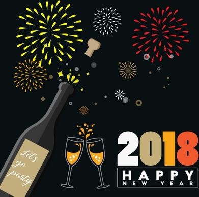 2018 new year banner wine fireworks icons decoration