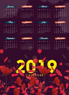 2019 calendar template dark design red flowers ornament