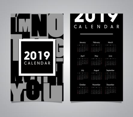 2019 calendar template modern black white design