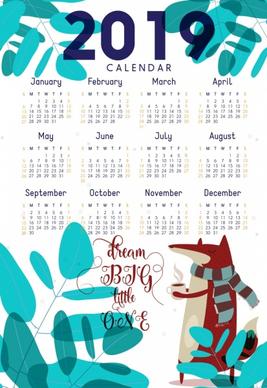 2019 calendar template nature theme fox tree icons