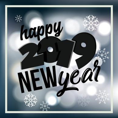 2019 new year poster bokeh snowflakes black texts