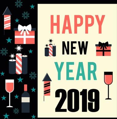 2019 new year poster gift wineglass candle icons