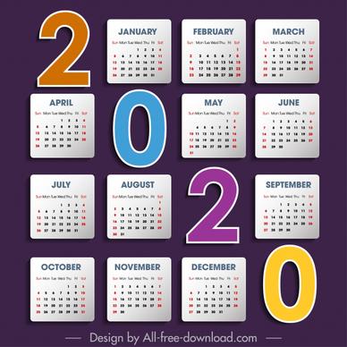 2020 calendar template colorful simple flat numbers layout