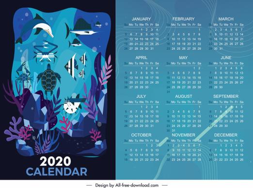 2020 calendar template marine species decor