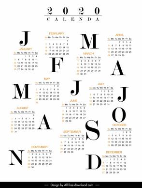 2020 calendar template modern bright black white decor