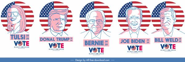 2020 usa voting icons character portraits flag sketch