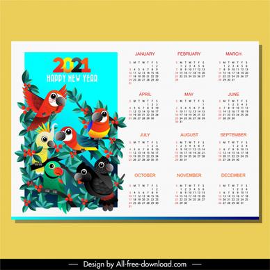2021 calendar template bright colorful natural parrots theme