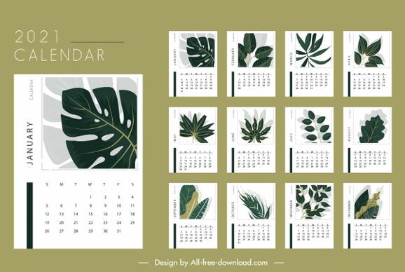 2021 calendar template classical leaves shapes decor
