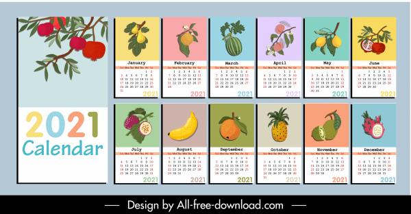 2021 calendar template colorful fruits icons sketch