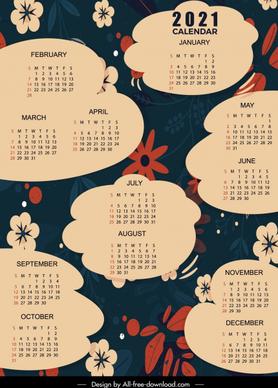 2021 calendar template dark flat flowers cloud textbox