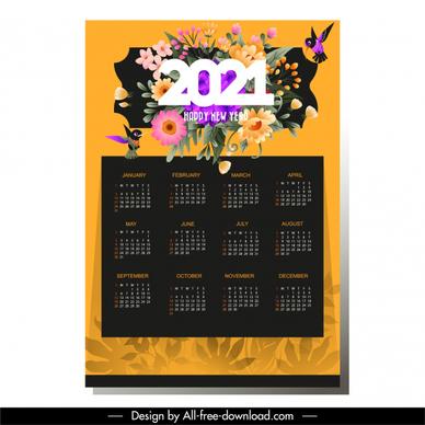 2021 calendar template elegant colorful flowers birds decor