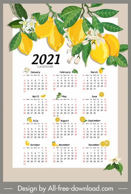 2021 calendar template lemon tree sketch colorful decor