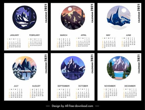 2021 calendar template mountain scenery theme