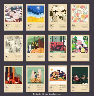 2021 calendar templates classical nature seasons sketch