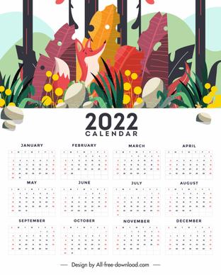 2022 calendar template bright decor nature scene sketch