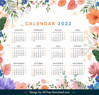 2022 calendar template colorful elegant classical botanical decor