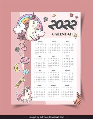 2022 calendar template cute handdrawn unicorn sketch