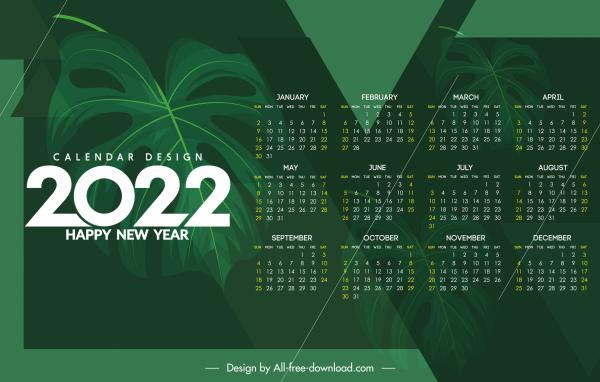 2022 calendar template dark green leaf decor