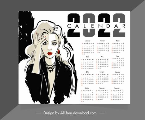 2022 calendar template elegant lady sketch handdrawn design