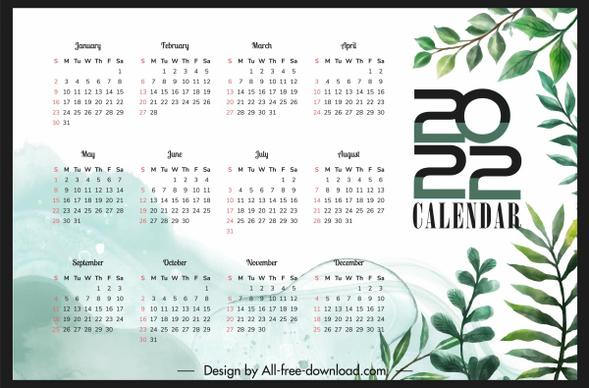 2022 calendar template elegant leaves decor