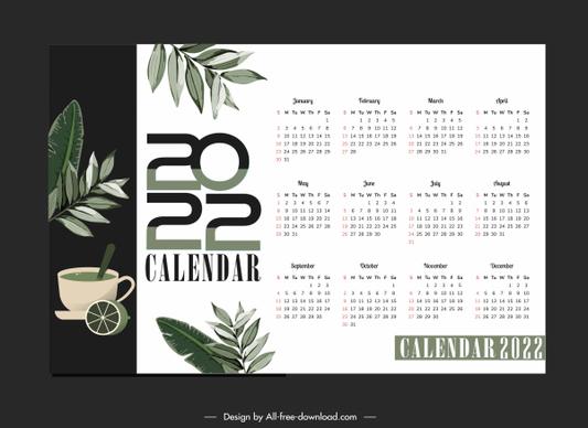2022 calendar template elegant leaves tea sketch
