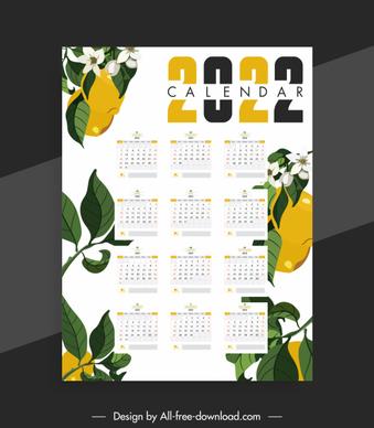 2022 calendar template fruits flora leaves decor
