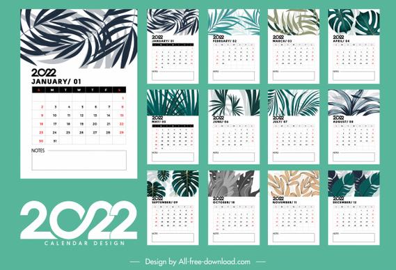 2022 table calendar template elegant bright leaves decor