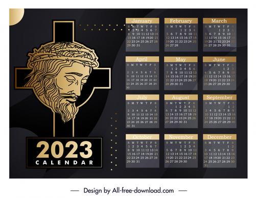 2023 calendar template jesus  cross sketch handdrawn outline
