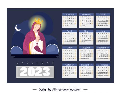 2023 calendar template virgin mary icon cartoon design