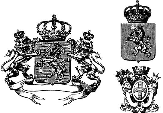 3 Heraldry Crests with Crowns, Lions, Banners