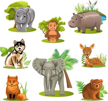 wild animal icons 3d colored design cartoon design