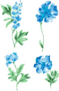 4 blue watercolor style flowers psd