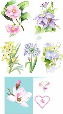 7 elegant watercolor flowers vector