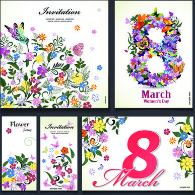 8 march flower invitation cards vectors set